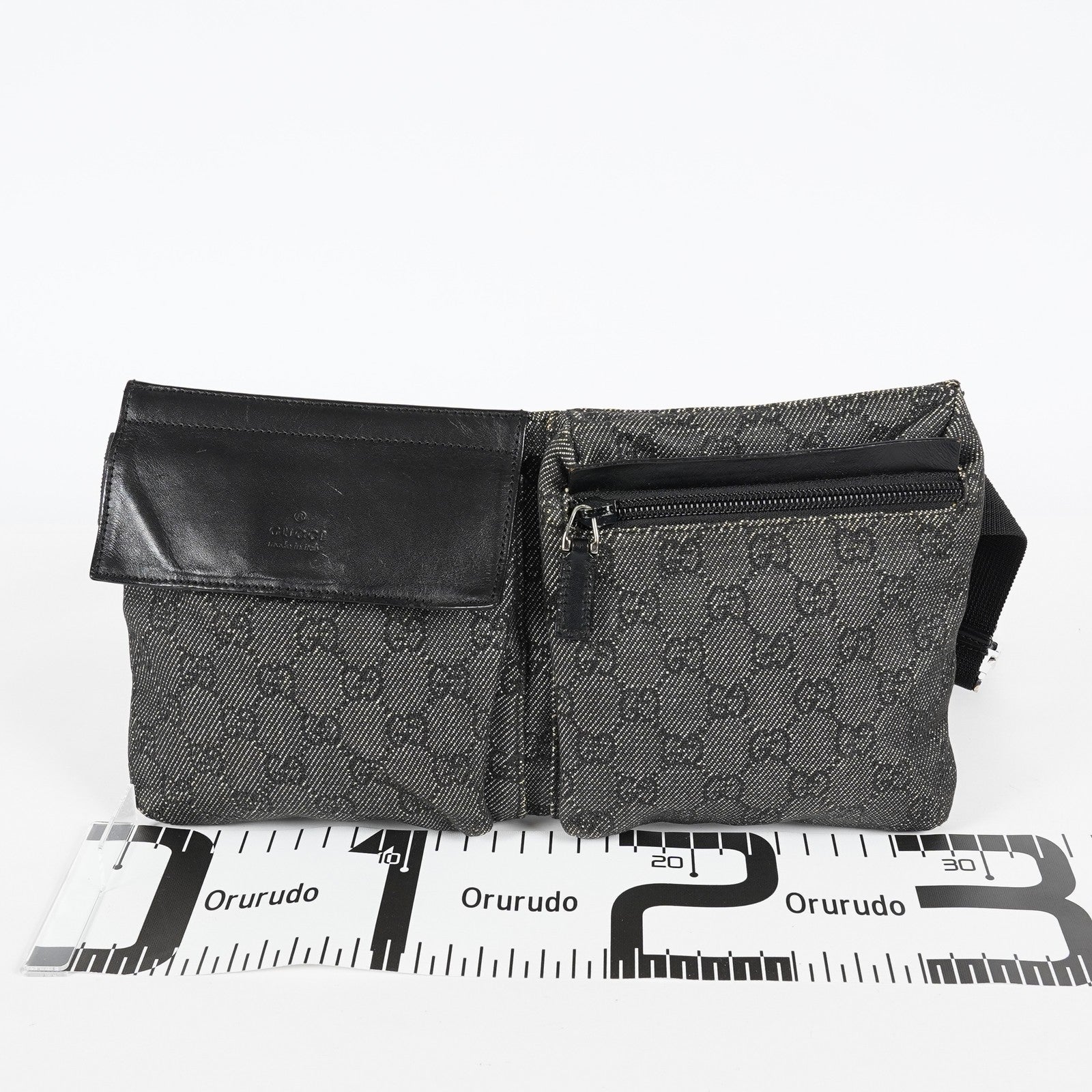 Gucci GG Denim Waist Belt Bag 30cm Black Leather Trim Used Vintage 08E022310002