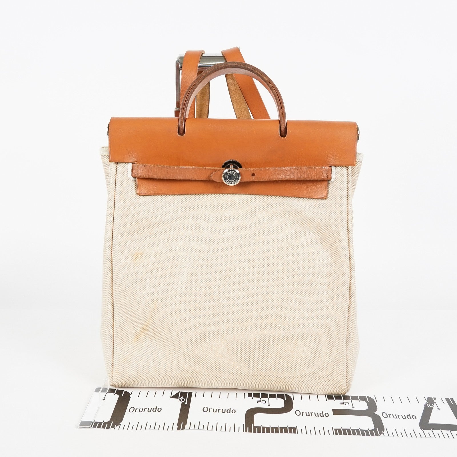 Hermes Herbag Ado PM Backpack Beige Canvas Leather 2way Bag Used 07E404730012