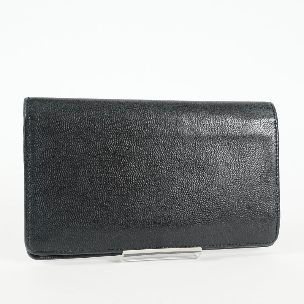 Chanel Caviar Skin Long Bifold Wallet Black Leather Used with Box 05E412310016