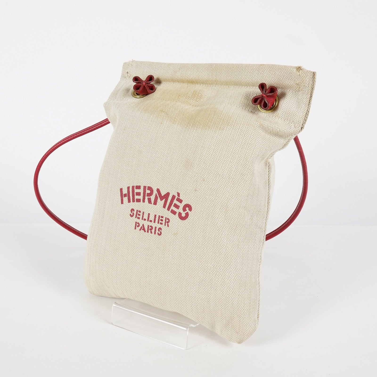 Hermes Aline Mini Beige Canvas Red Leather Shoulder Bag Used 08E082090008