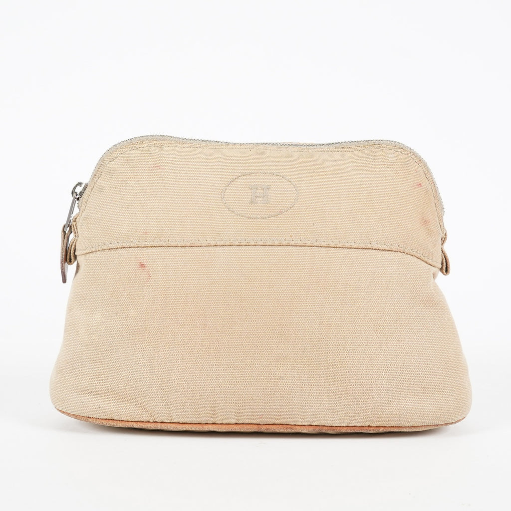 Hermes Bolide Pouch 21 Beige Canvas Leather Cosmetic Pouch Used 08E23495007