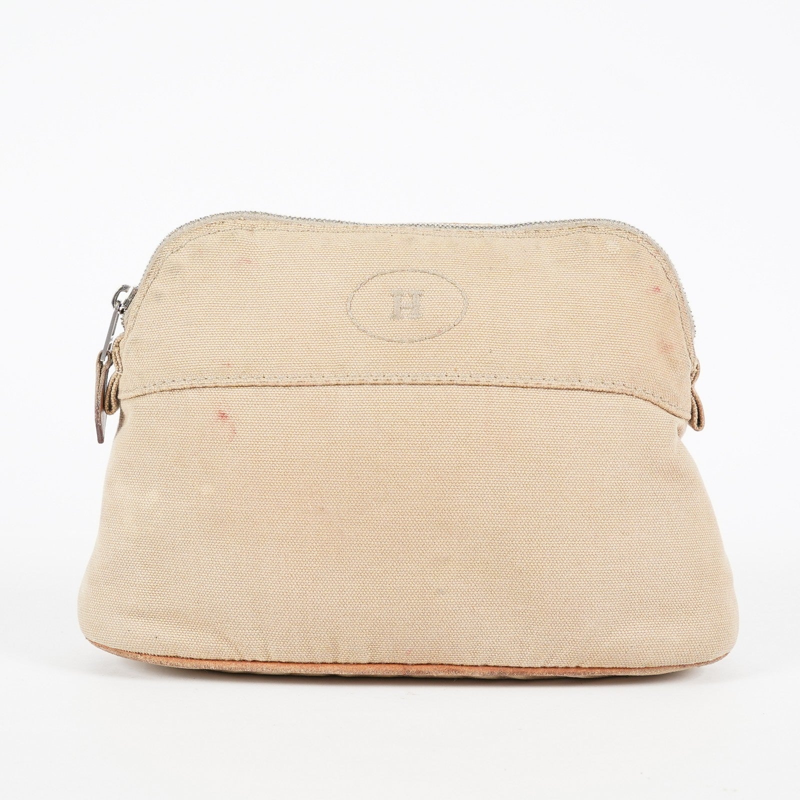 Hermes Bolide Pouch 21 Beige Canvas Leather Cosmetic Pouch Used 08E23495007