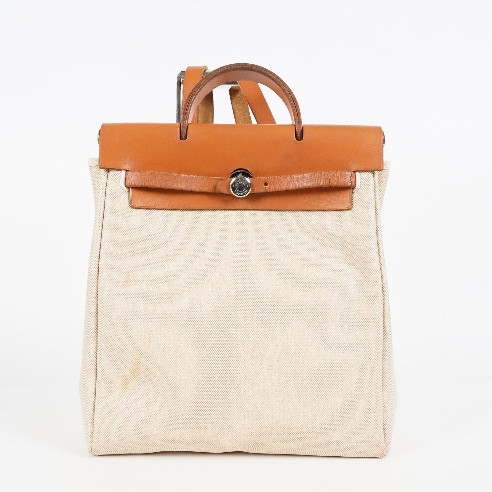 Hermes Herbag Ado PM Backpack Beige Canvas Leather 2way Bag Used 07E404730012