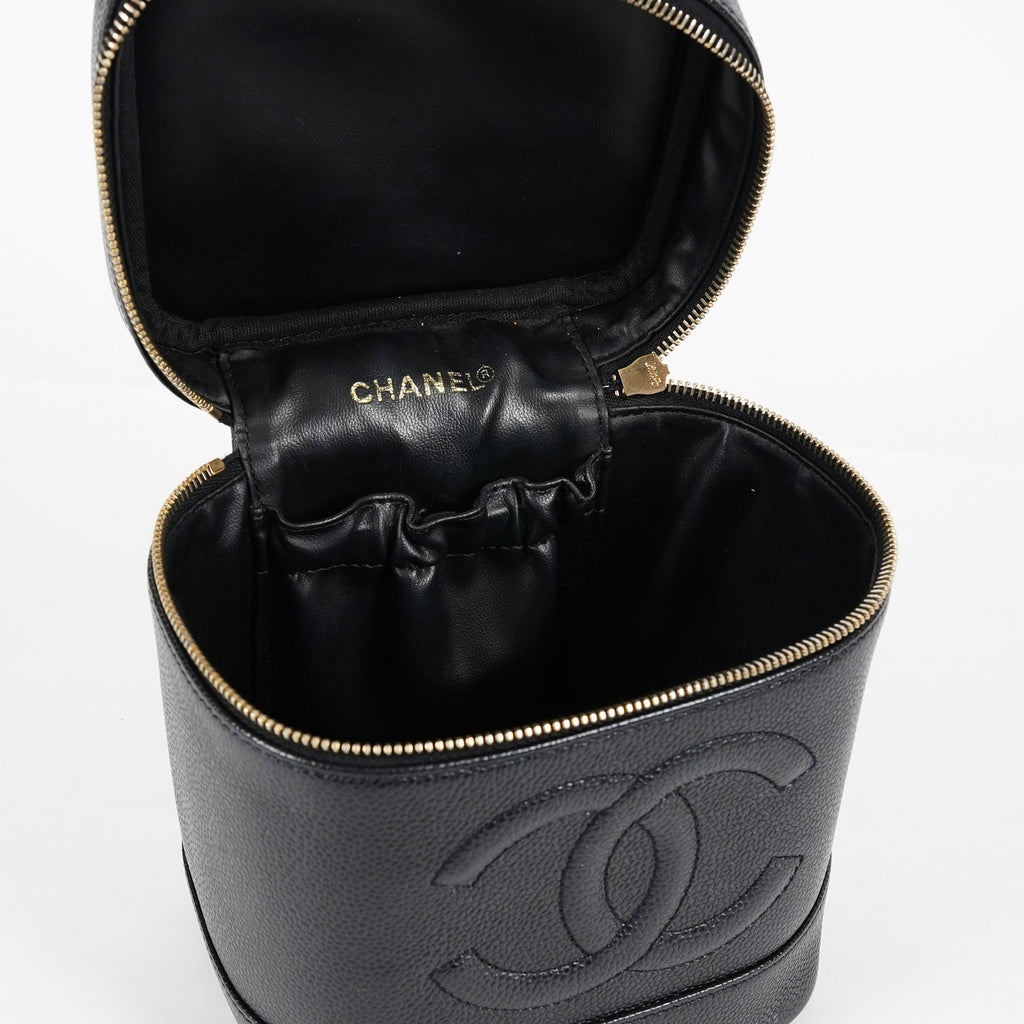 Chanel Caviar Skin Vanity Bag Top Handle 19cm Black Gold HW CC Used 08E066380006