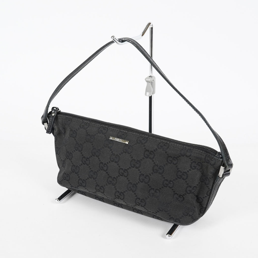 Gucci GG Canvas Boat Pochette 22cm Black Leather Trim Vintage Used 07E022310029