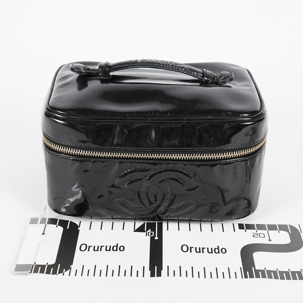 CHANEL Vintage CC Logo Vanity Bag Black Patent Leather Handbag Used 08M203285717