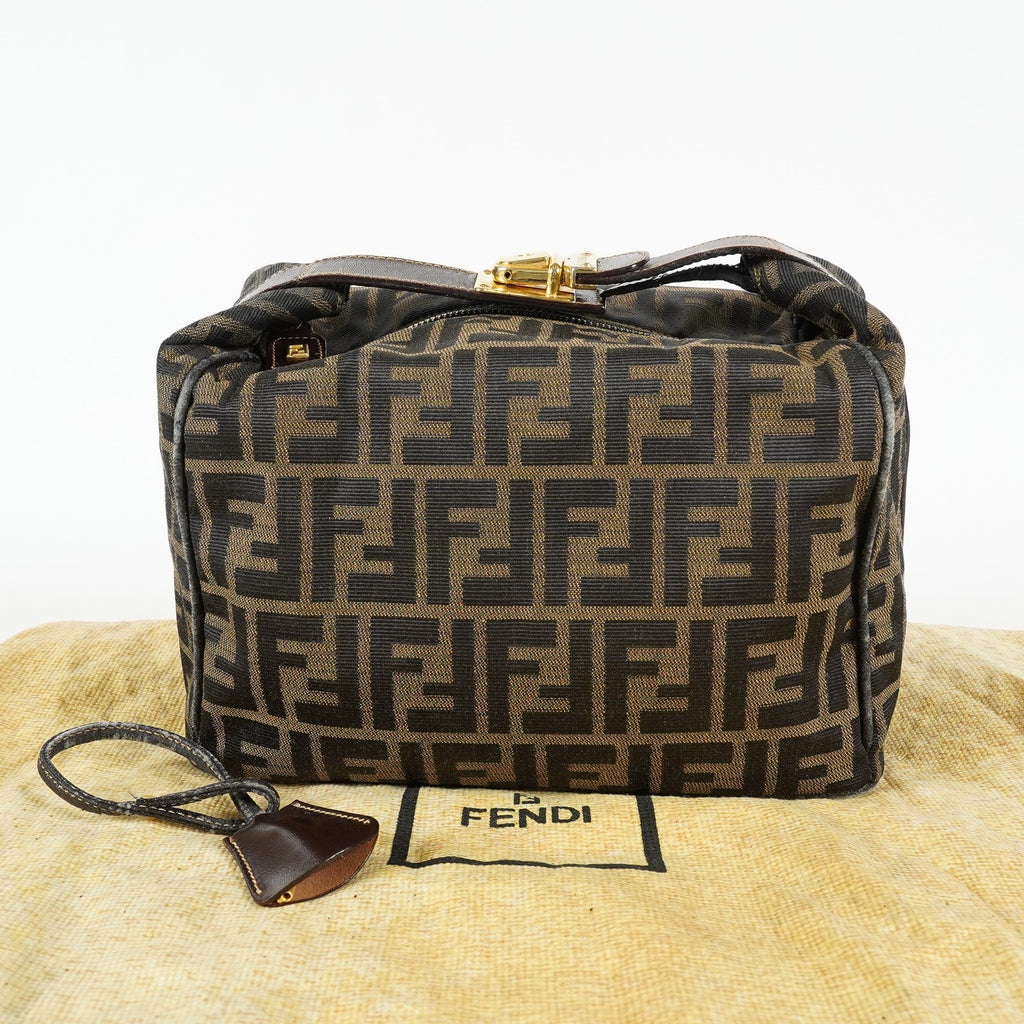 Fendi Zucca Mini Vanity Bag 24cm Brown Canvas Leather Used Auth 09E173410010