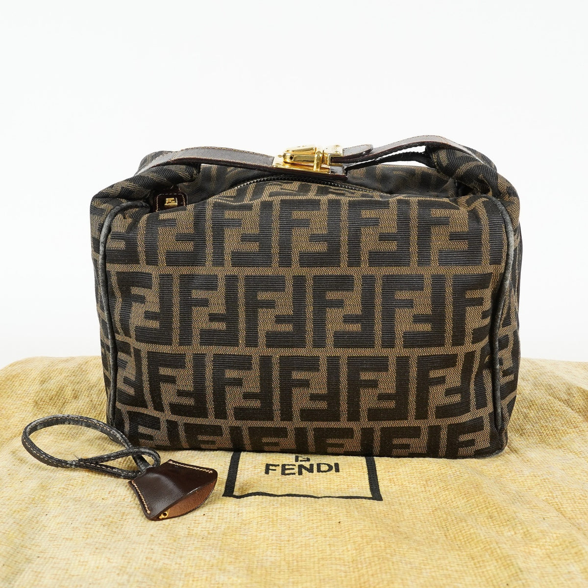 Fendi Zucca Mini Vanity Bag 24cm Brown Canvas Leather Used Auth 09E173410010