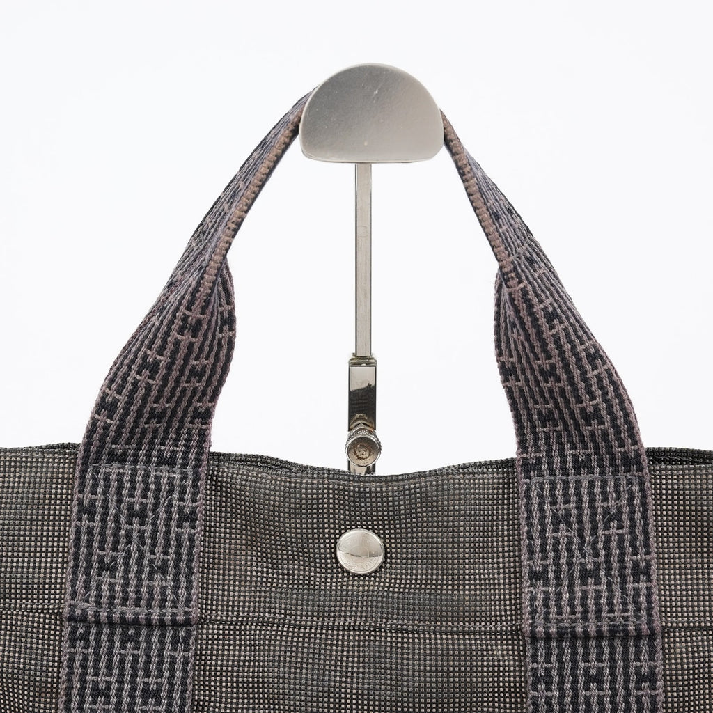 HERMES Herline Tote MM Gray H Pattern Canvas Handbag Authentic 08E35825010