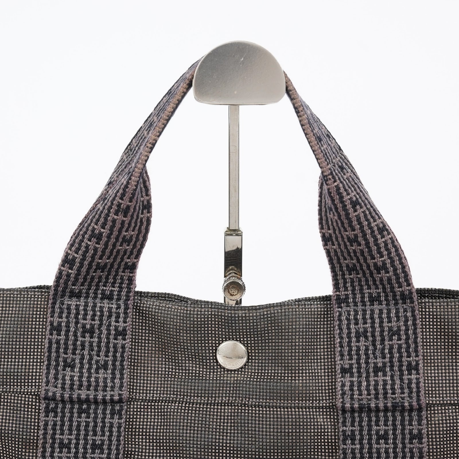 HERMES Herline Tote MM Gray H Pattern Canvas Handbag Authentic 08E35825010