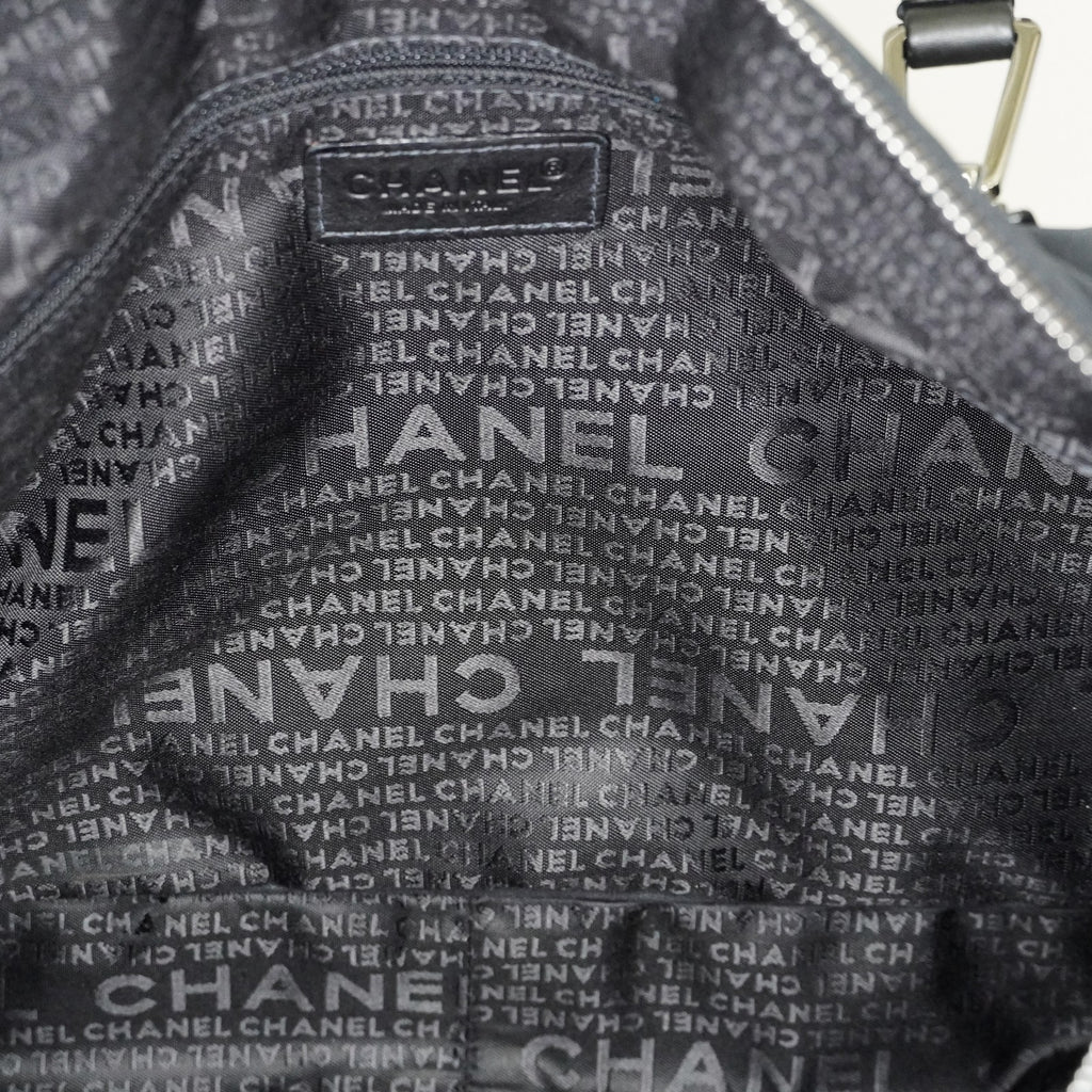 CHANEL Chocolate Bar Nylon Mini Boston Handbag Black Silver HW Used 07E314180008