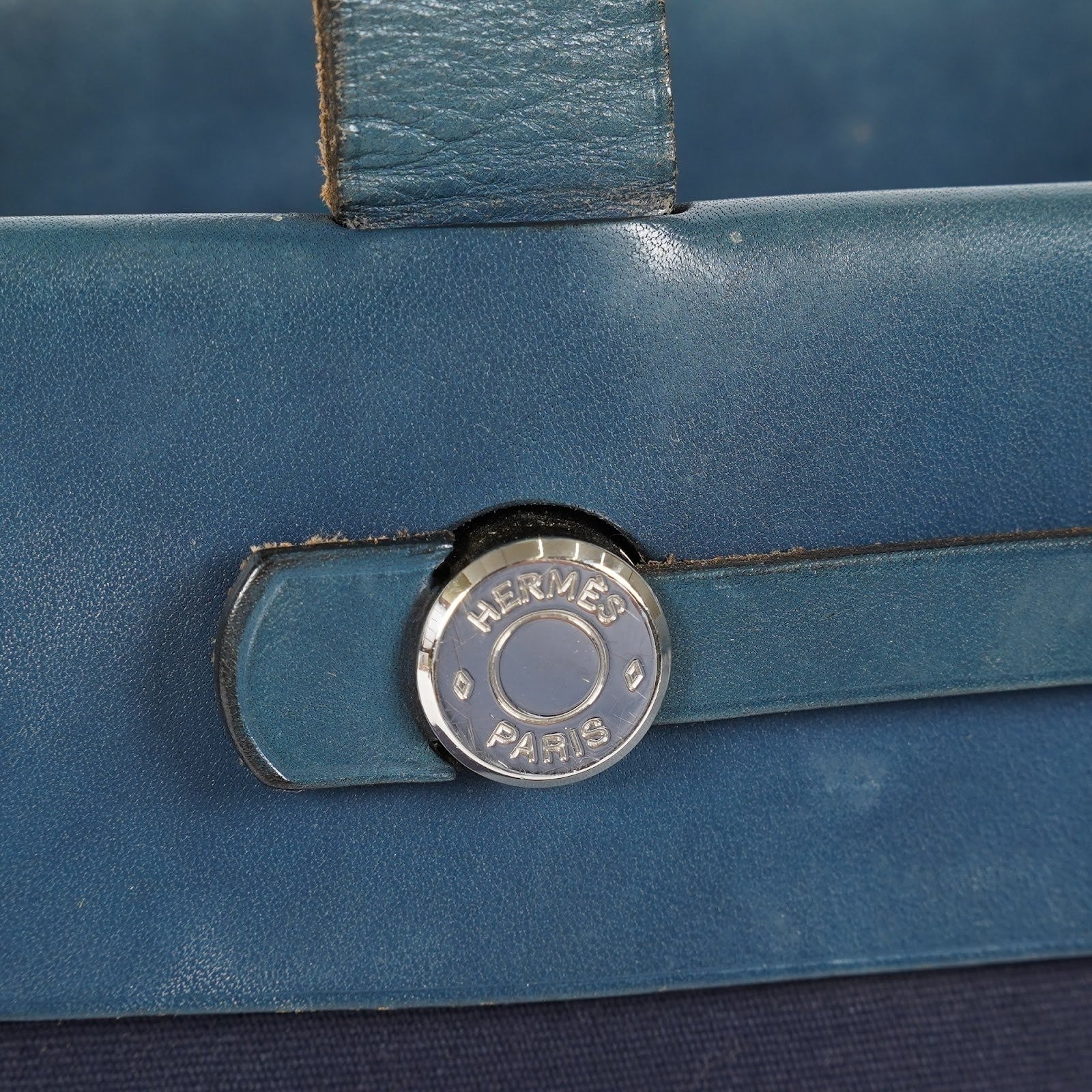 Hermes Herbag Cabas MM Navy Canvas Blue Leather Tote Hand Bag Used 08E043960012