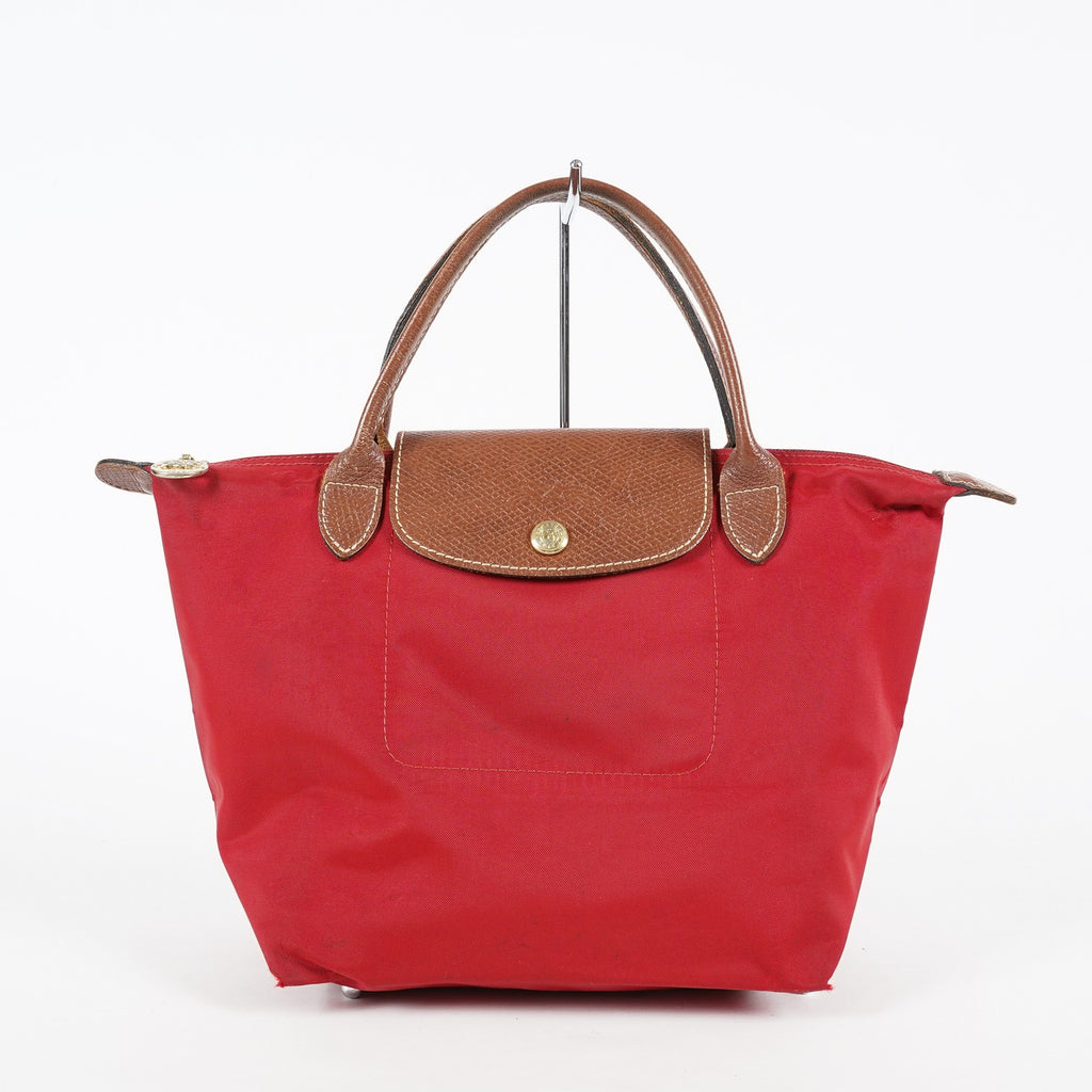 Longchamp Le Pliage Tote Bag Red Nylon Leather Gold Hardware Used XYZ274