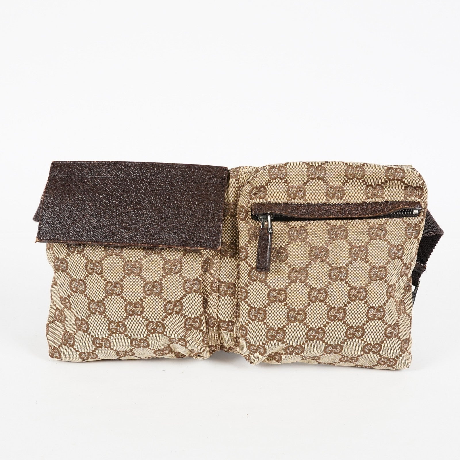 Gucci GG Canvas Waist Bag Belt Bag Beige Brown Leather Used Vintage 08A132516803