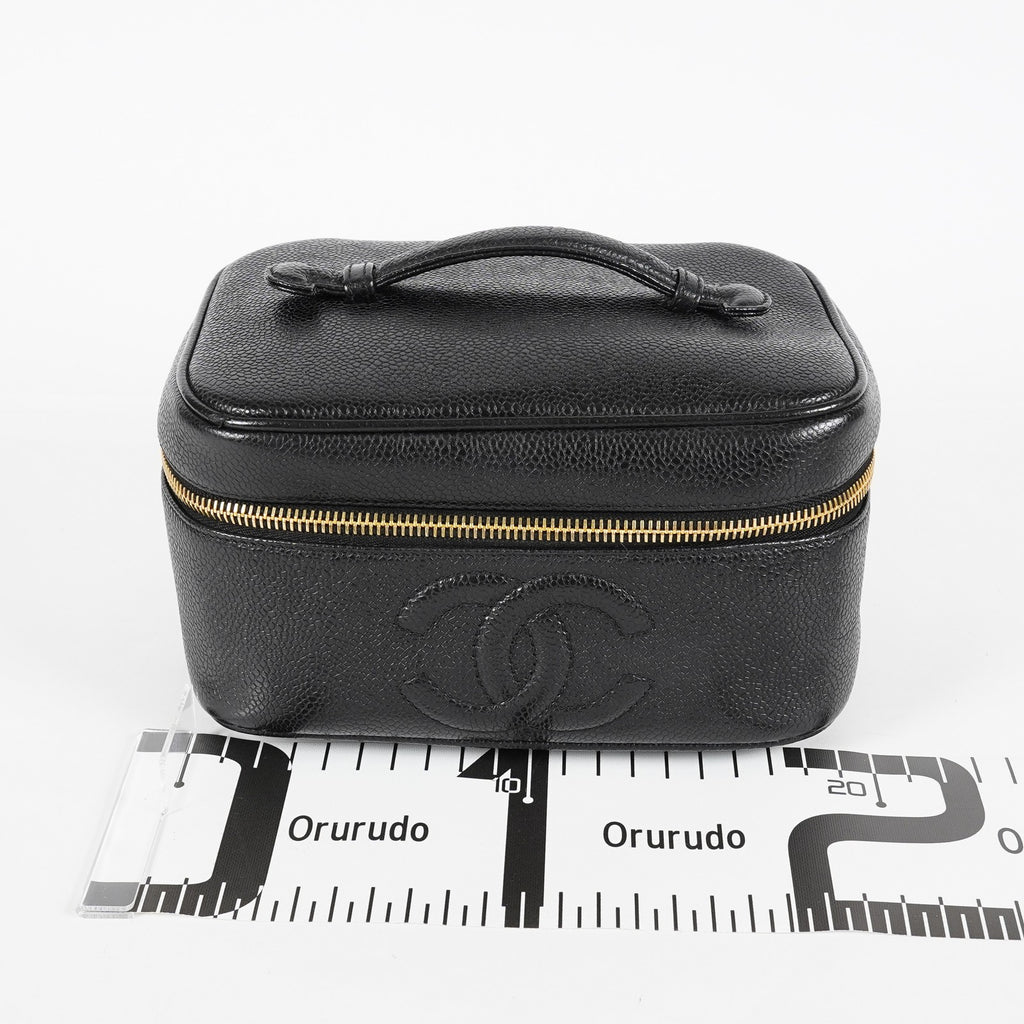 Chanel Caviar Skin CC Vanity Bag Black Leather Used Vintage 07E046490027