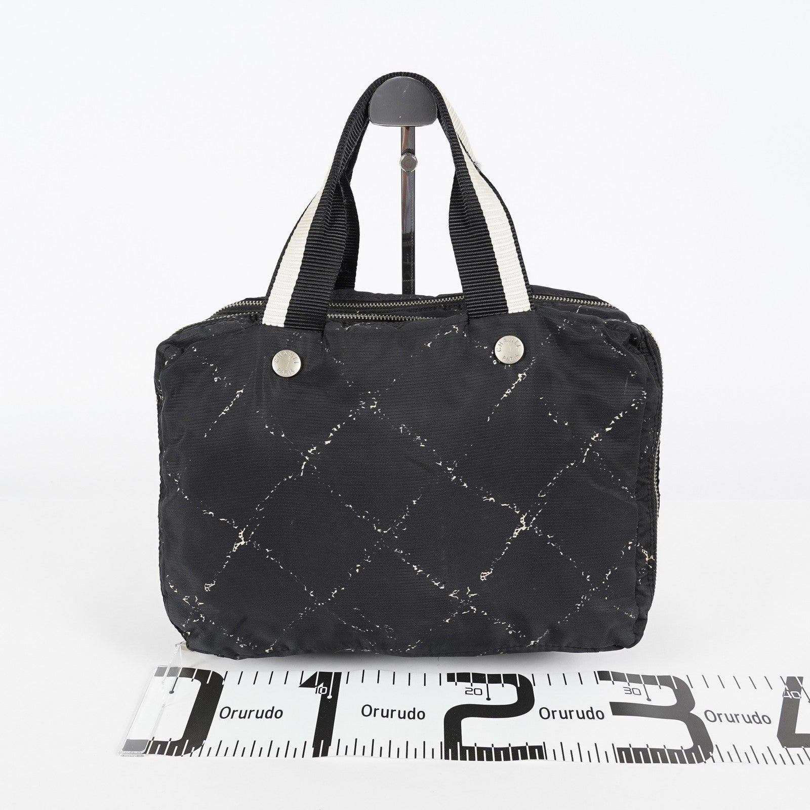 Chanel Travel Line Tote 26 Black Nylon Jacquard Hand Bag Used 07E131155015