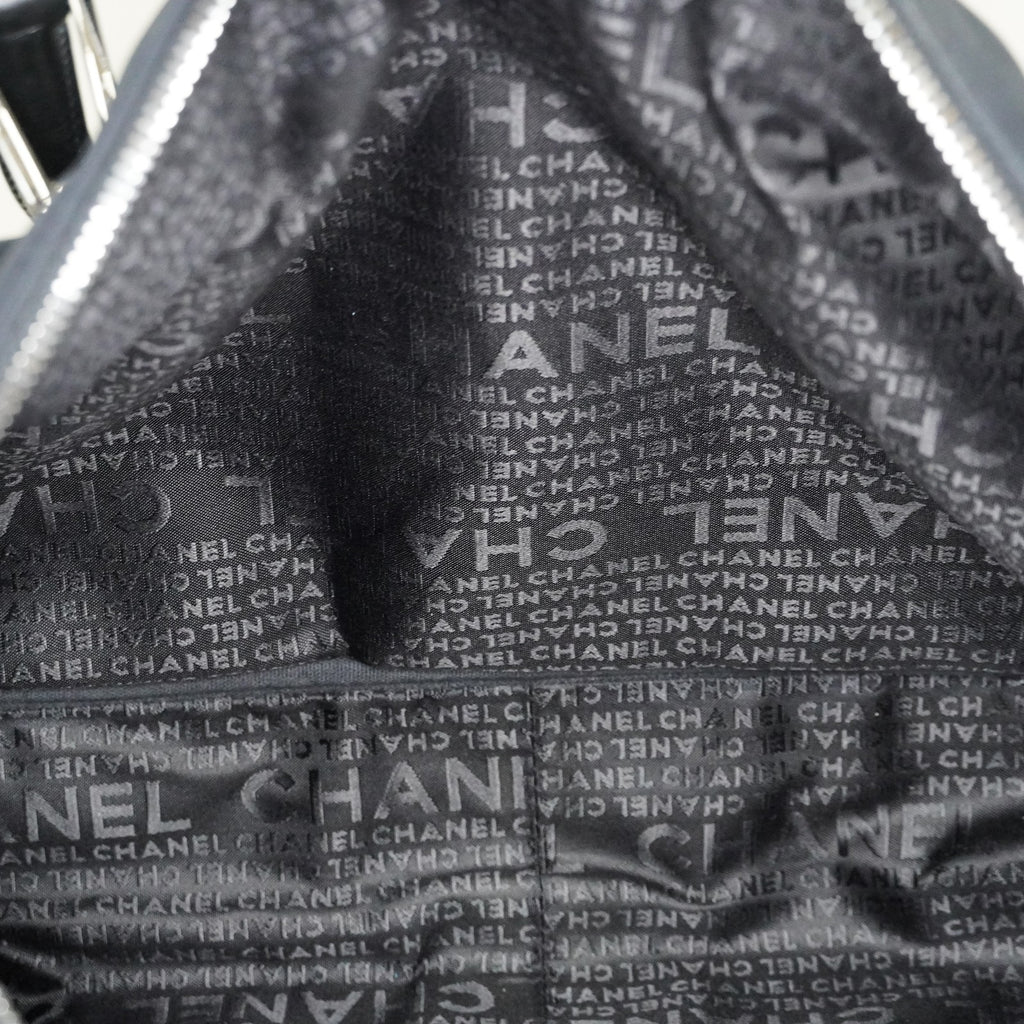 CHANEL Chocolate Bar Nylon Mini Boston Handbag Black Silver HW Used 07E314180008