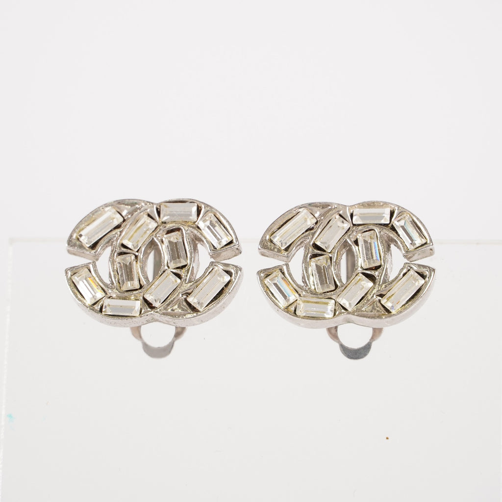 Chanel Coco Mark Rhinestone Bucket Earrings Silver Plated Women's 05E613300016