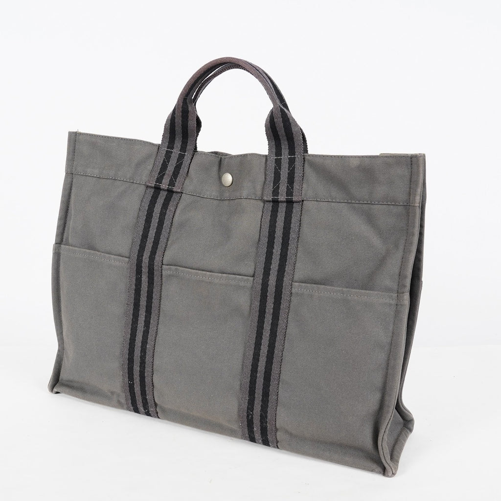 Hermes Fourre Tout MM Gray Toile Canvas Tote Bag Silver Used Vintage 08E15825012