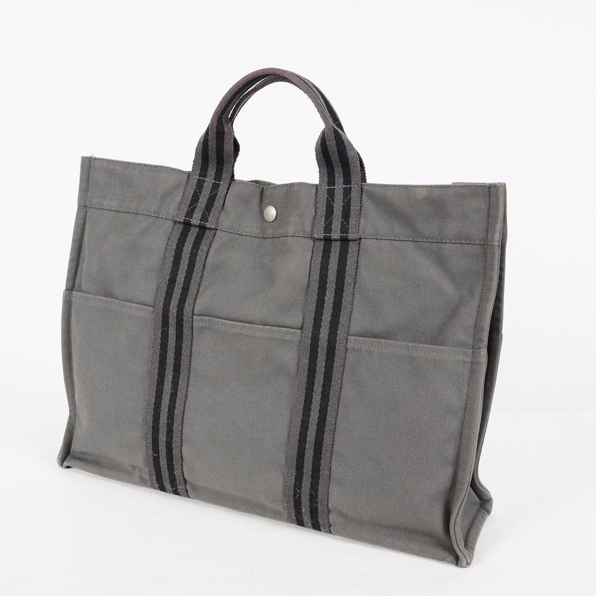 Hermes Fourre Tout MM Gray Toile Canvas Tote Bag Silver Used Vintage 08E15825012