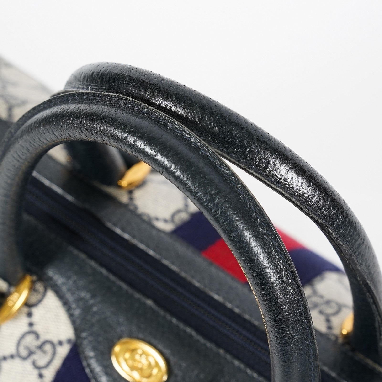 Gucci Sherry Line GG Supreme Boston Bag Navy Canvas Hand Bag Used 07E182860015