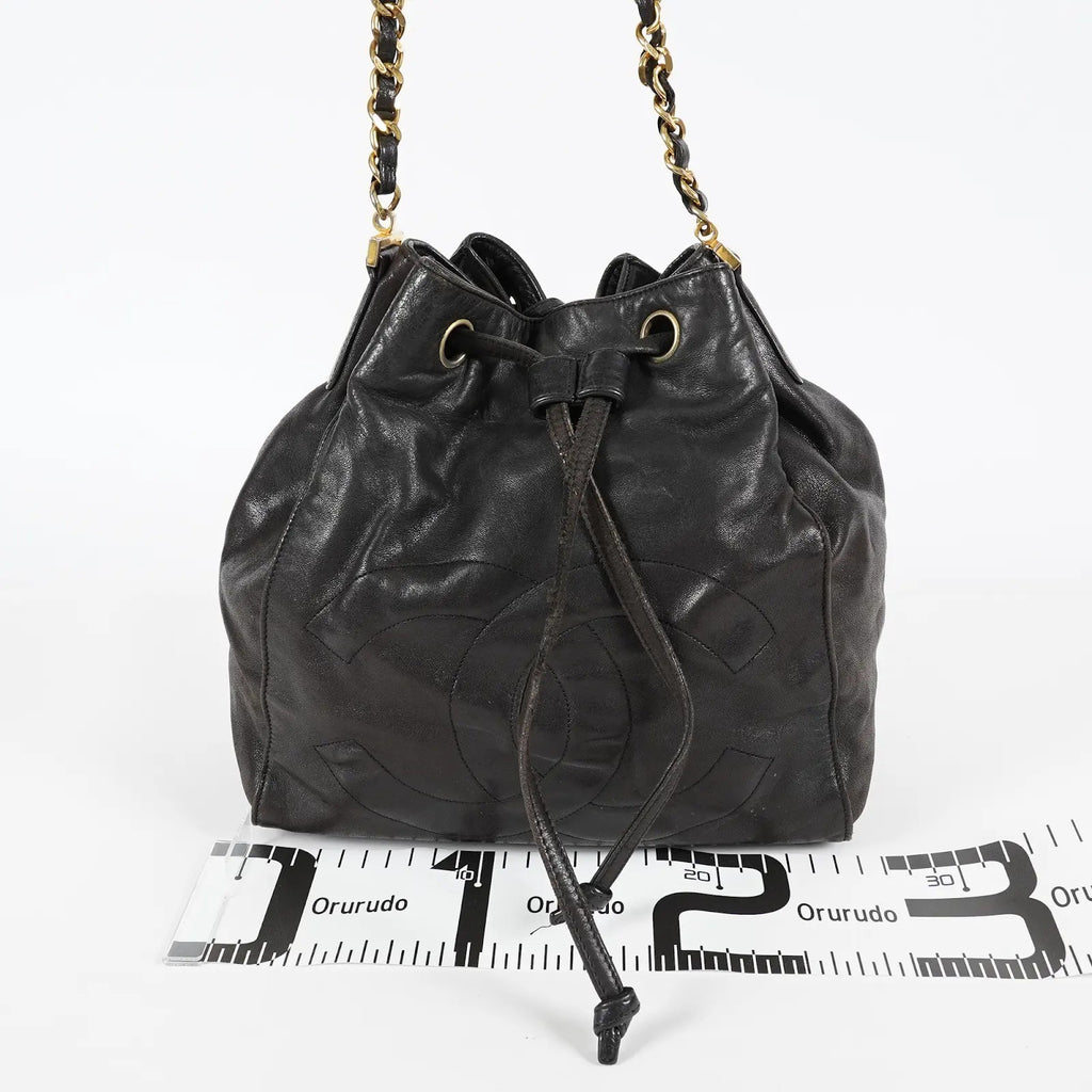 CHANEL Vintage CC Black Leather Drawstring Shoulder Bag 26cm Used 07E118580027