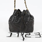 CHANEL Vintage CC Black Leather Drawstring Shoulder Bag 26cm Used 07E118580027