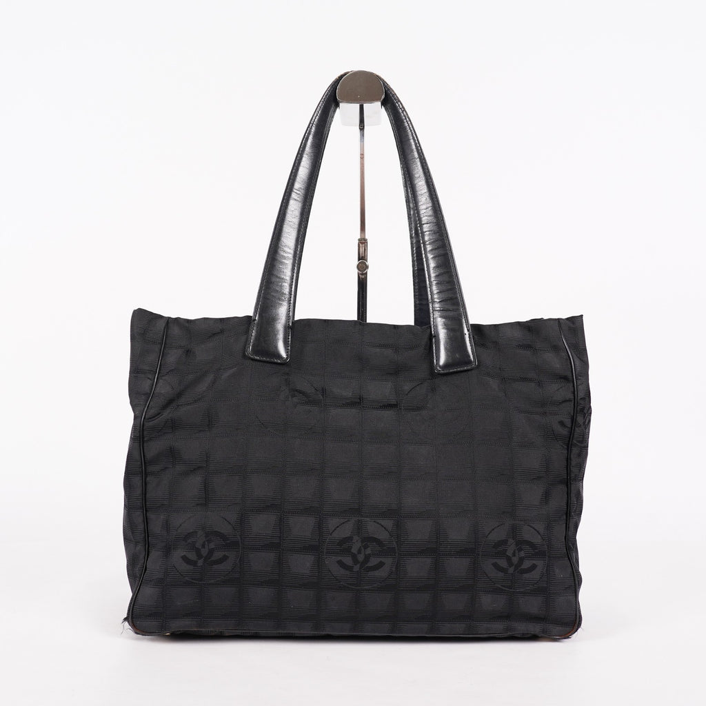 Chanel Old Travel Line Tote MM Black Nylon Shoulder Bag CC Used 06E111155030