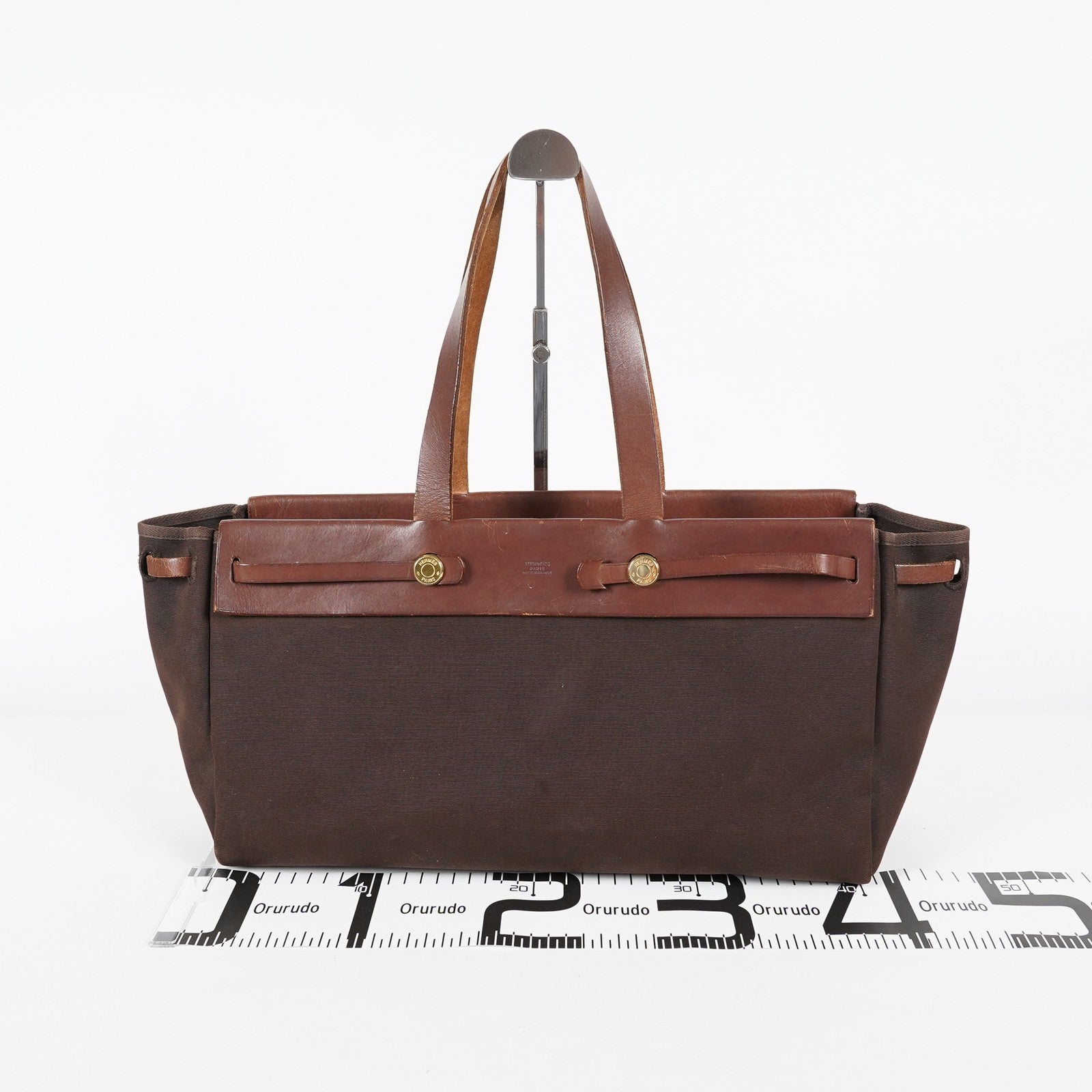 HERMES Herbag Cabas PM Brown Canvas & Leather Tote Bag Used Vintage 07A185720031