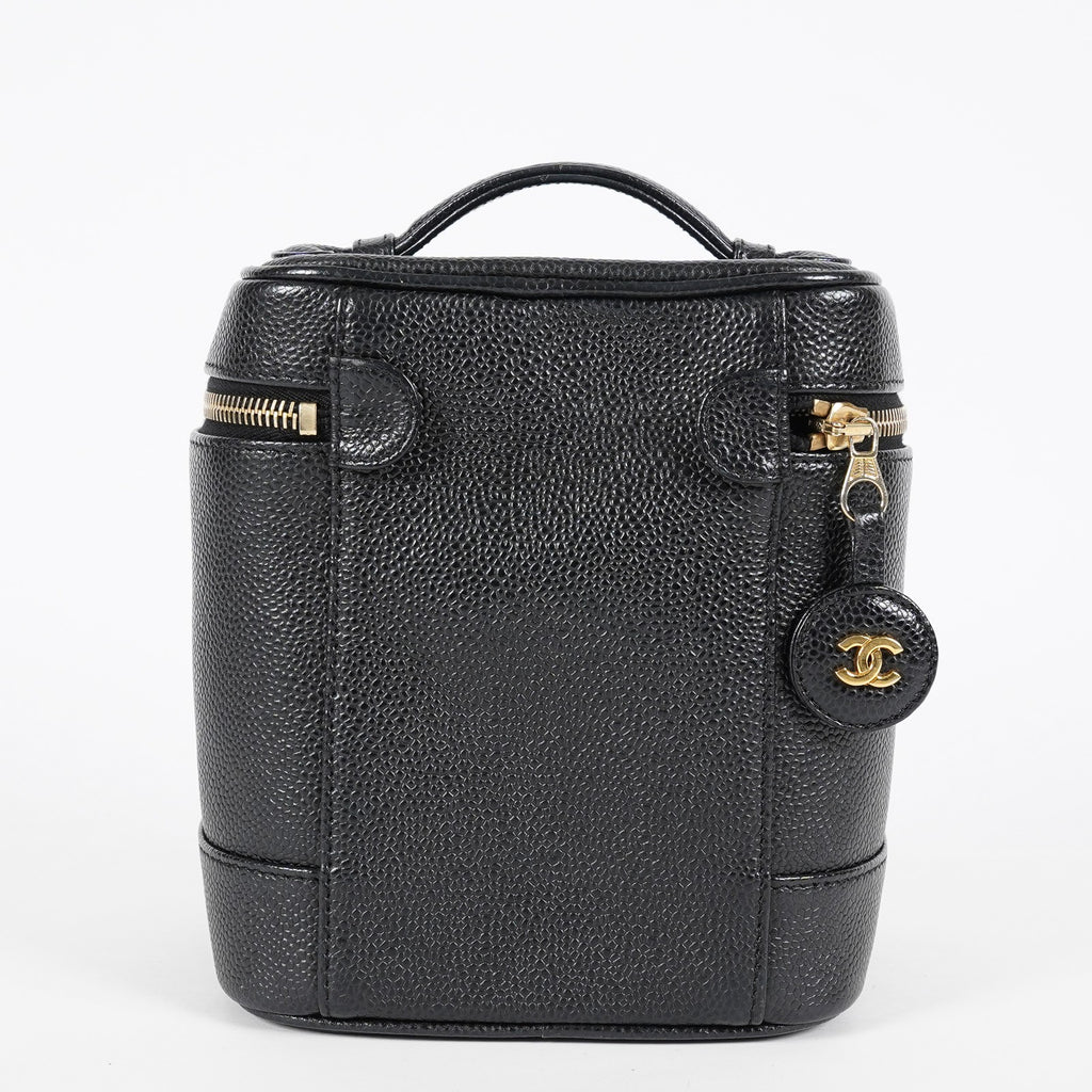 Chanel Caviar Skin Vanity Bag Top Handle 19cm Black Gold HW CC Used 08E066380006