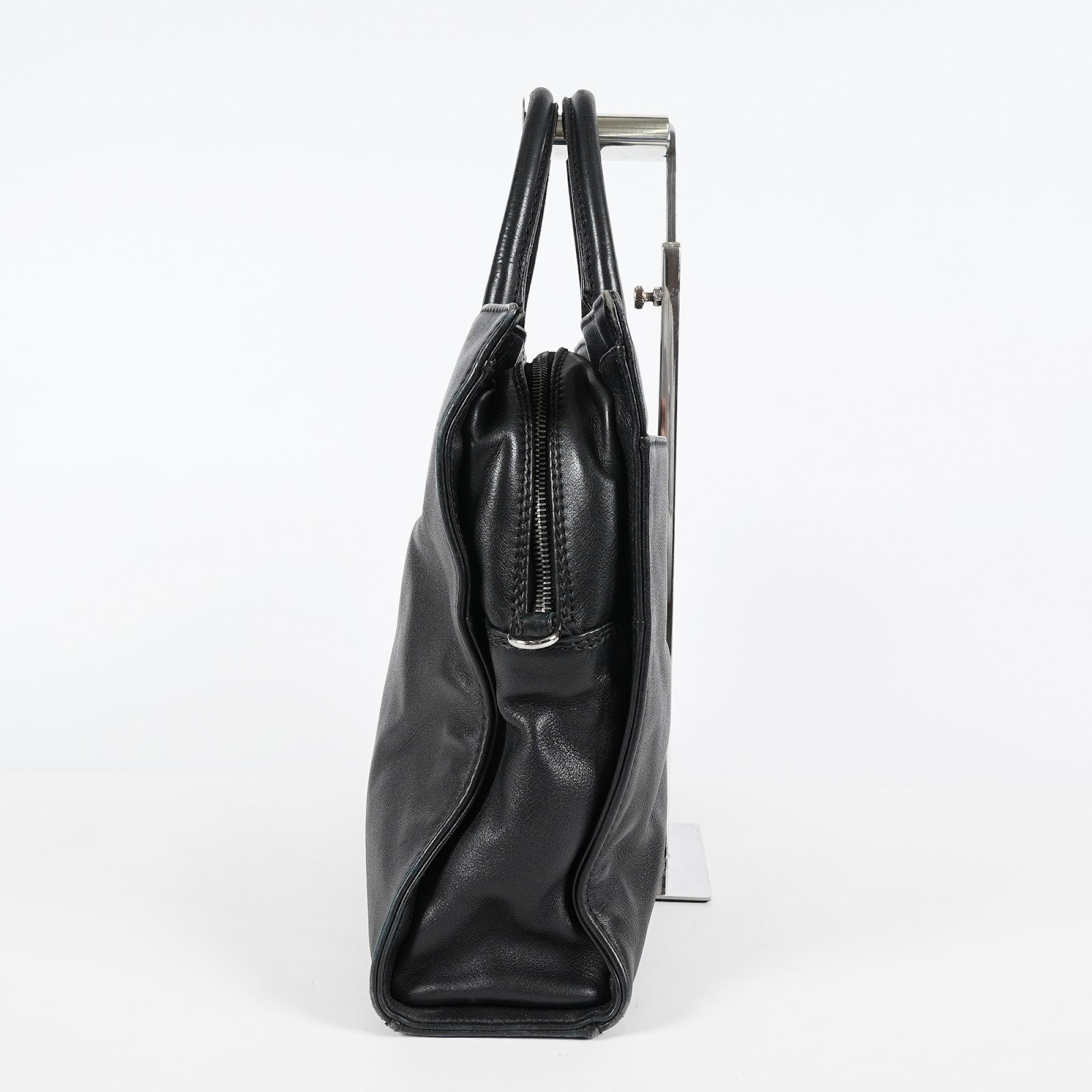 CHANEL CC Logo Tote Bag 40cm Black Leather Silver Hardware Used 07E1711440027