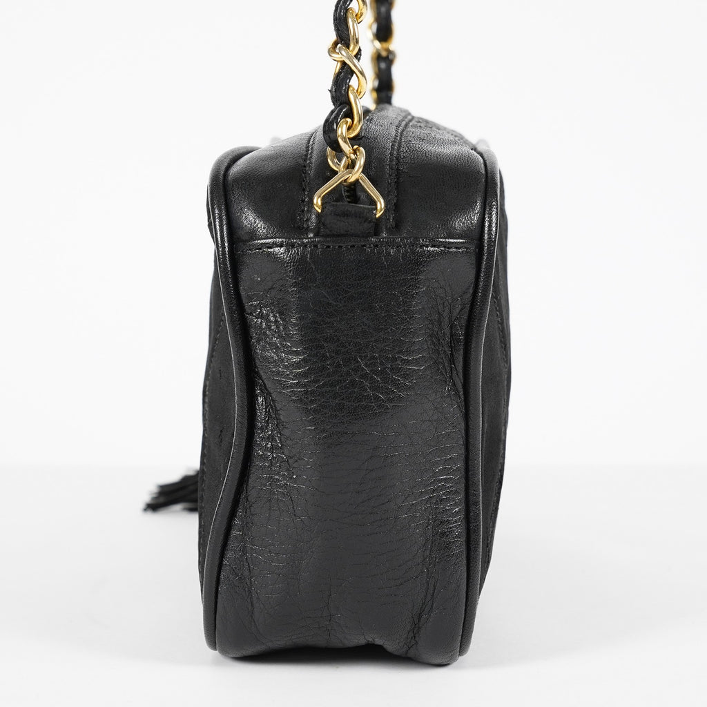 Chanel Satin Leather CC Fringe Chain Shoulder Bag Black Used 07E058800027