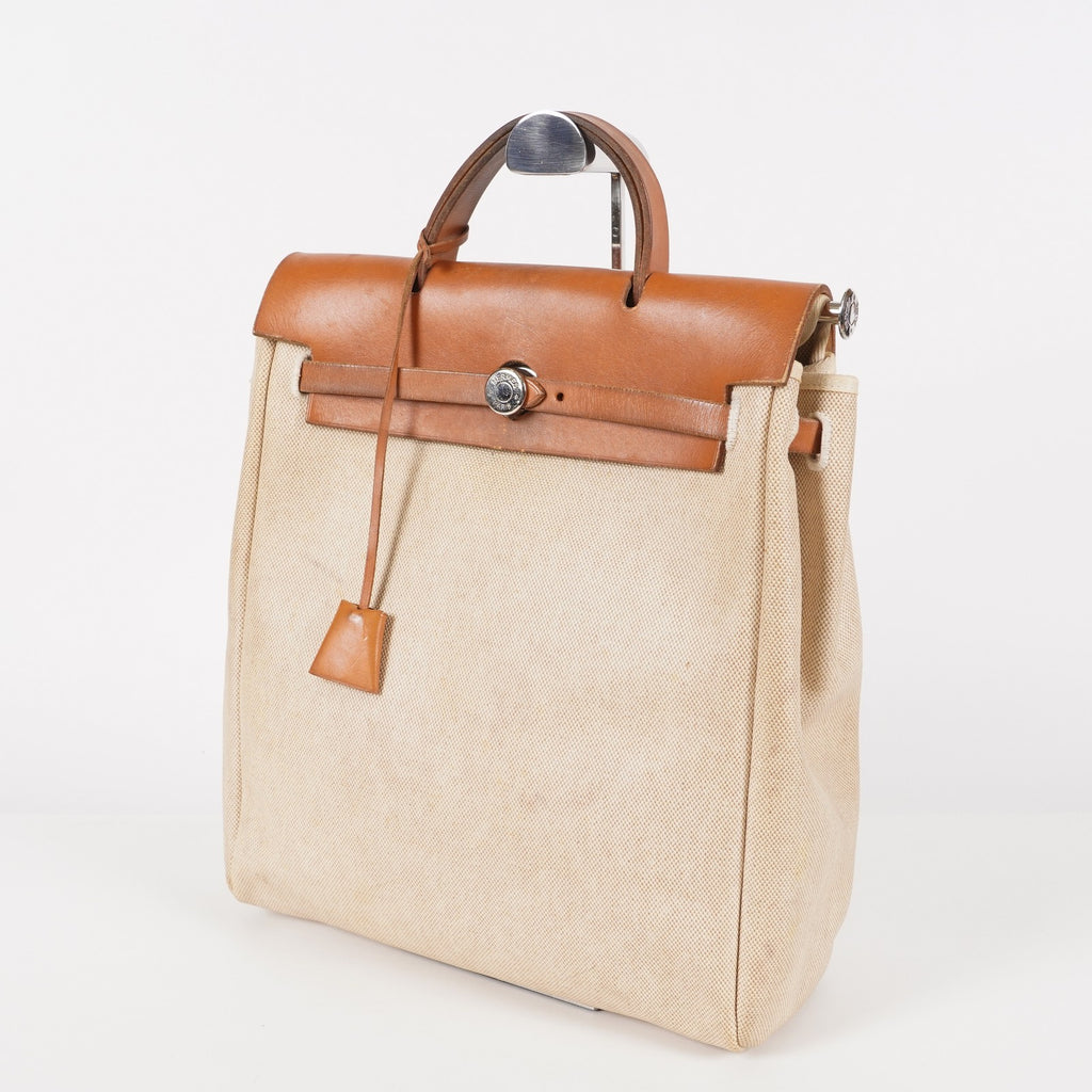 Auth HERMES Bag 2 in 1 Beige Canvas and Leather Backpack Hand Bag 05E533520016