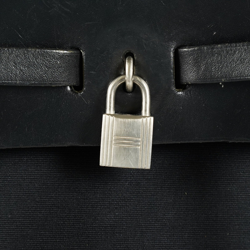 Hermes Herbag Ado Backpack 30cm Black Canvas Leather Used Auth 09E125940011