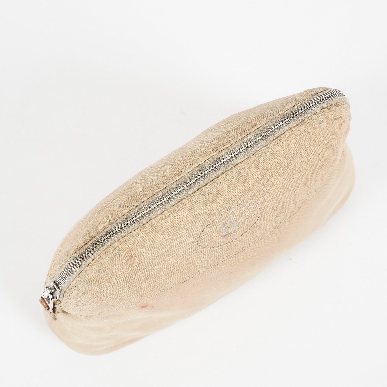 Hermes Bolide Pouch 21 Beige Canvas Leather Cosmetic Pouch Used 08E23495007
