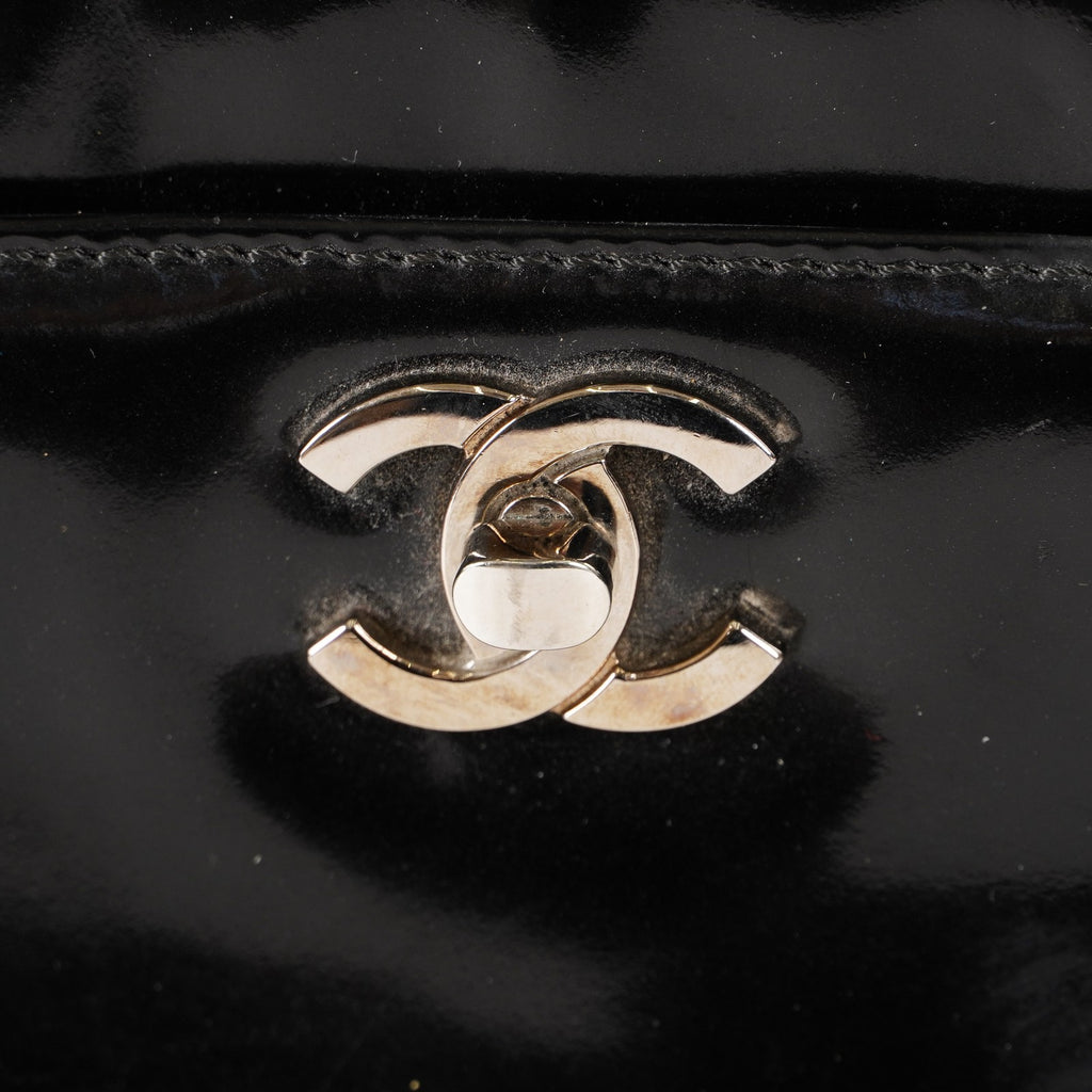 CHANEL CC Logo Chain Shoulder Tote Bag Patent Leather Black Vintage 03E255170011