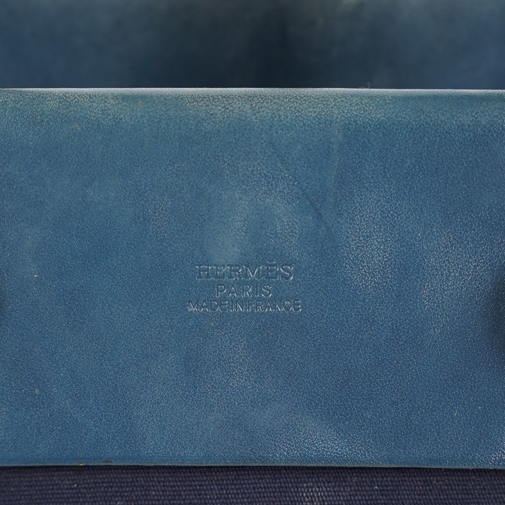Hermes Herbag Cabas MM Navy Canvas Blue Leather Tote Hand Bag Used 08E043960012