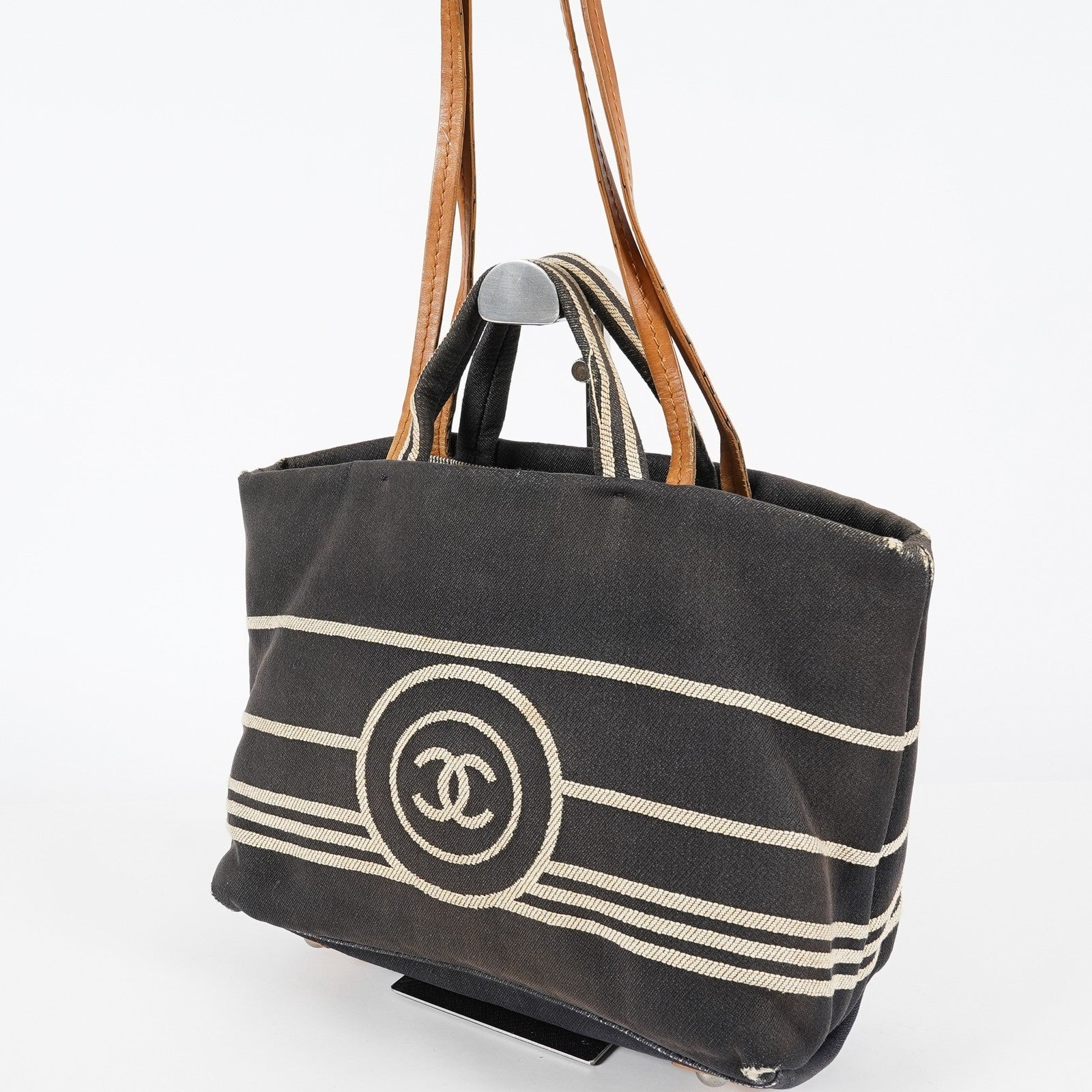 Chanel Coco Canvas Leather 2WAY Tote Bag 40cm Navy Used Vintage 07E019020027