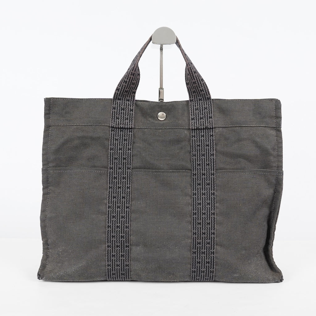 HERMES Herline Tote MM Gray H Pattern Canvas Handbag Authentic 08E35825010