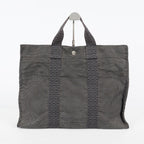 HERMES Herline Tote MM Gray H Pattern Canvas Handbag Authentic 08E35825010