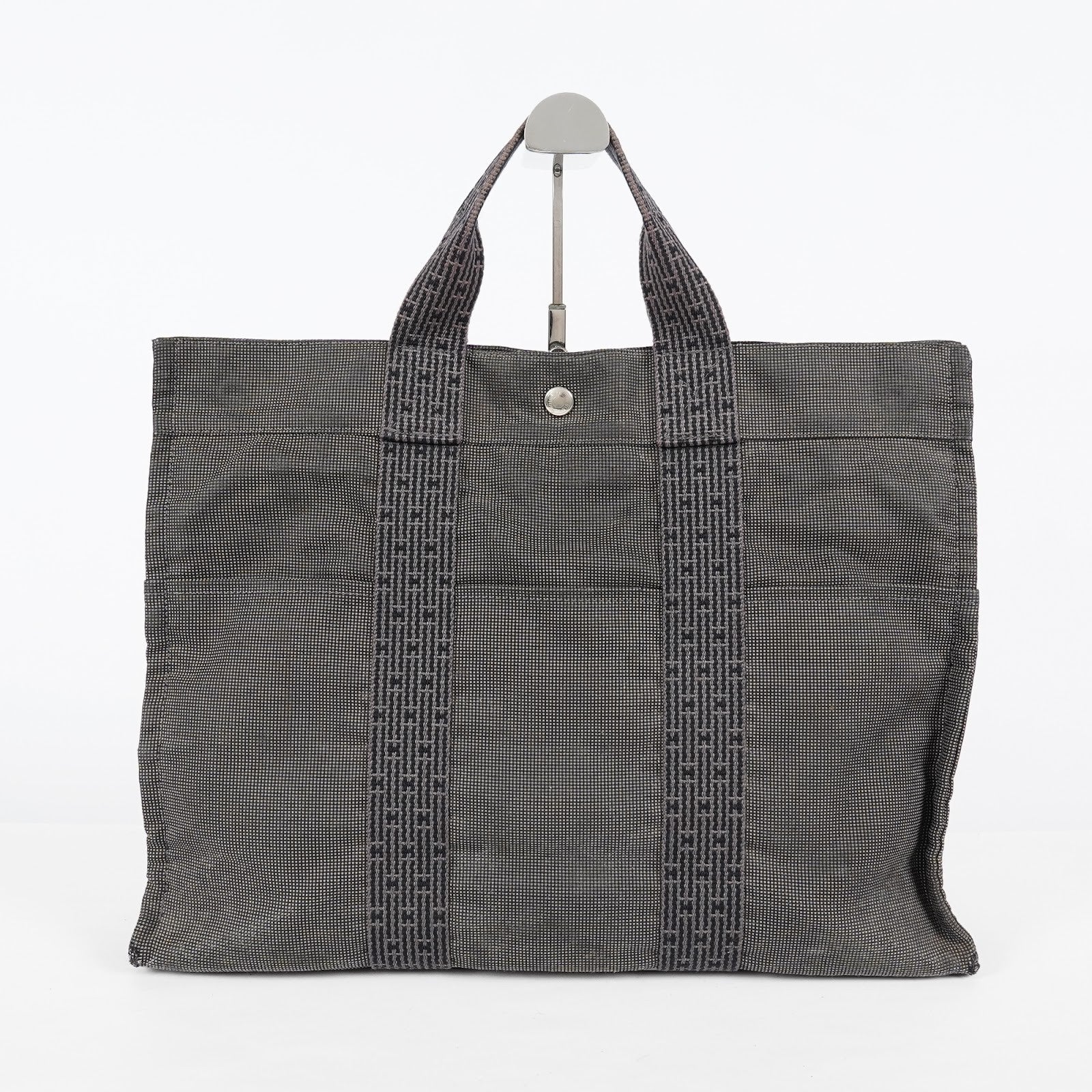 HERMES Herline Tote MM Gray H Pattern Canvas Handbag Authentic 08E35825010