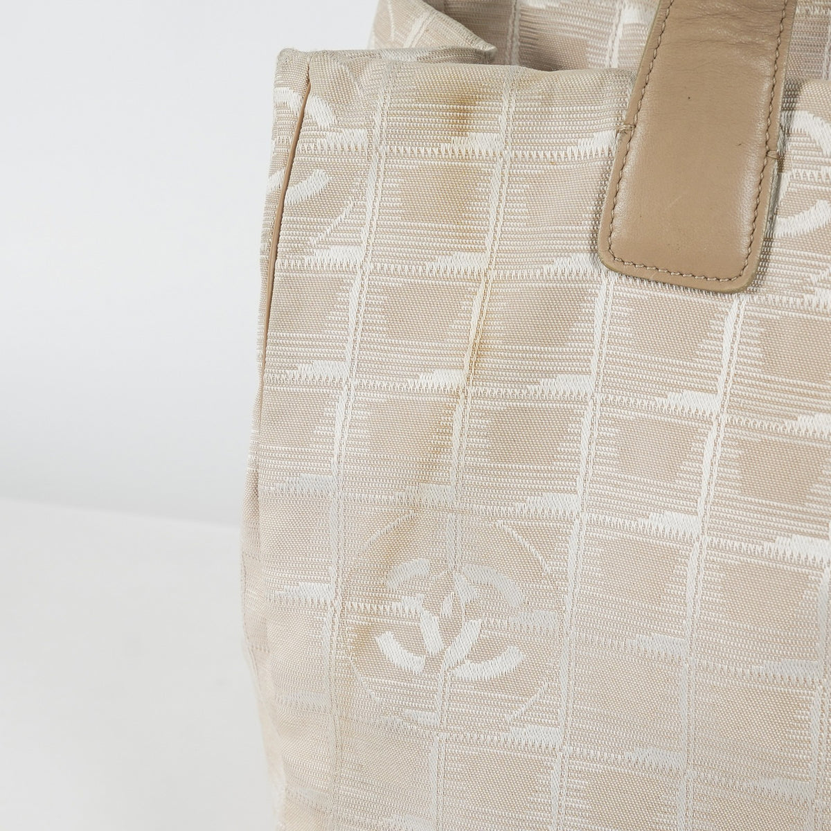 Chanel Travel Line Tote Bag Beige Nylon Leather Used Handbag 09M351246308