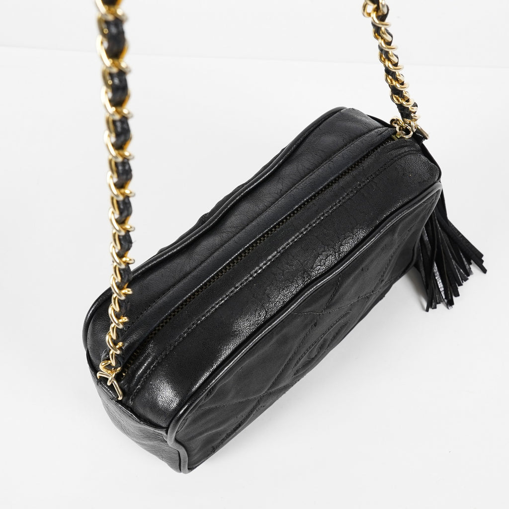 Chanel Satin Leather CC Fringe Chain Shoulder Bag Black Used 07E058800027