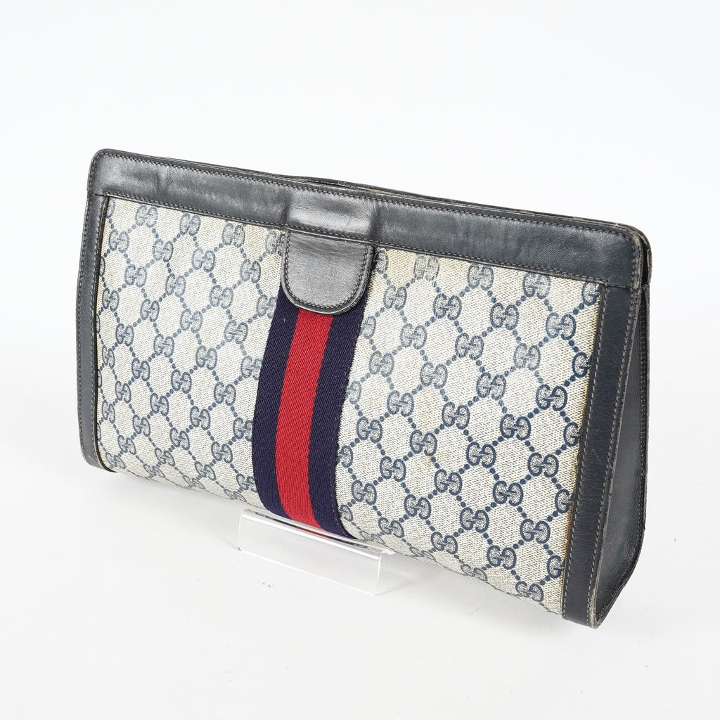 Gucci Clutch Bag Navy GG Canvas Leather Used Pouch Second Bag 09M441019708