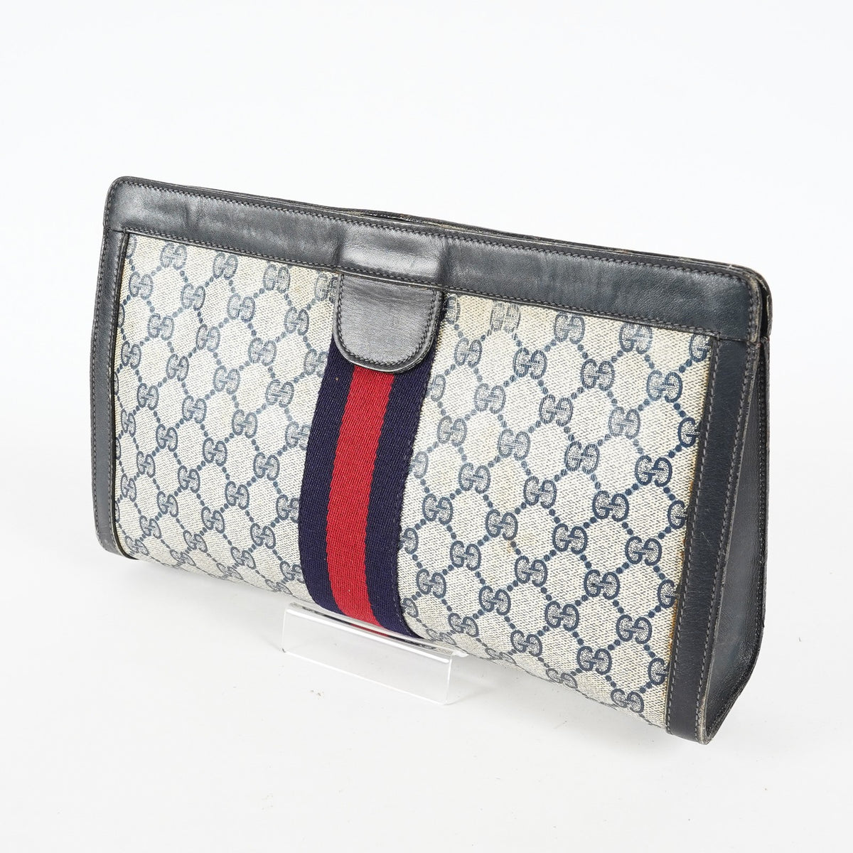 Gucci Clutch Bag Navy GG Canvas Leather Used Pouch Second Bag 09M441019708