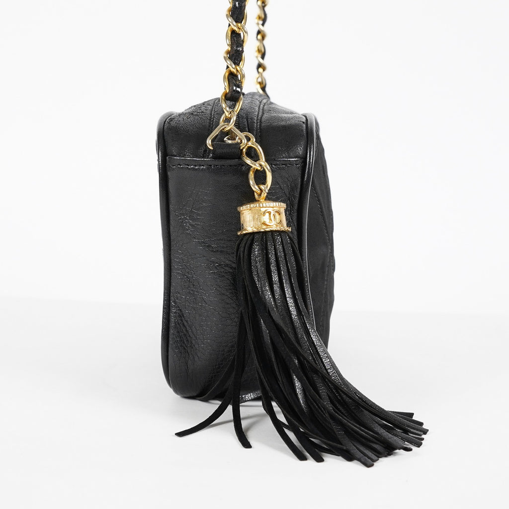 Chanel Satin Leather CC Fringe Chain Shoulder Bag Black Used 07E058800027