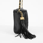 Chanel Satin Leather CC Fringe Chain Shoulder Bag Black Used 07E058800027