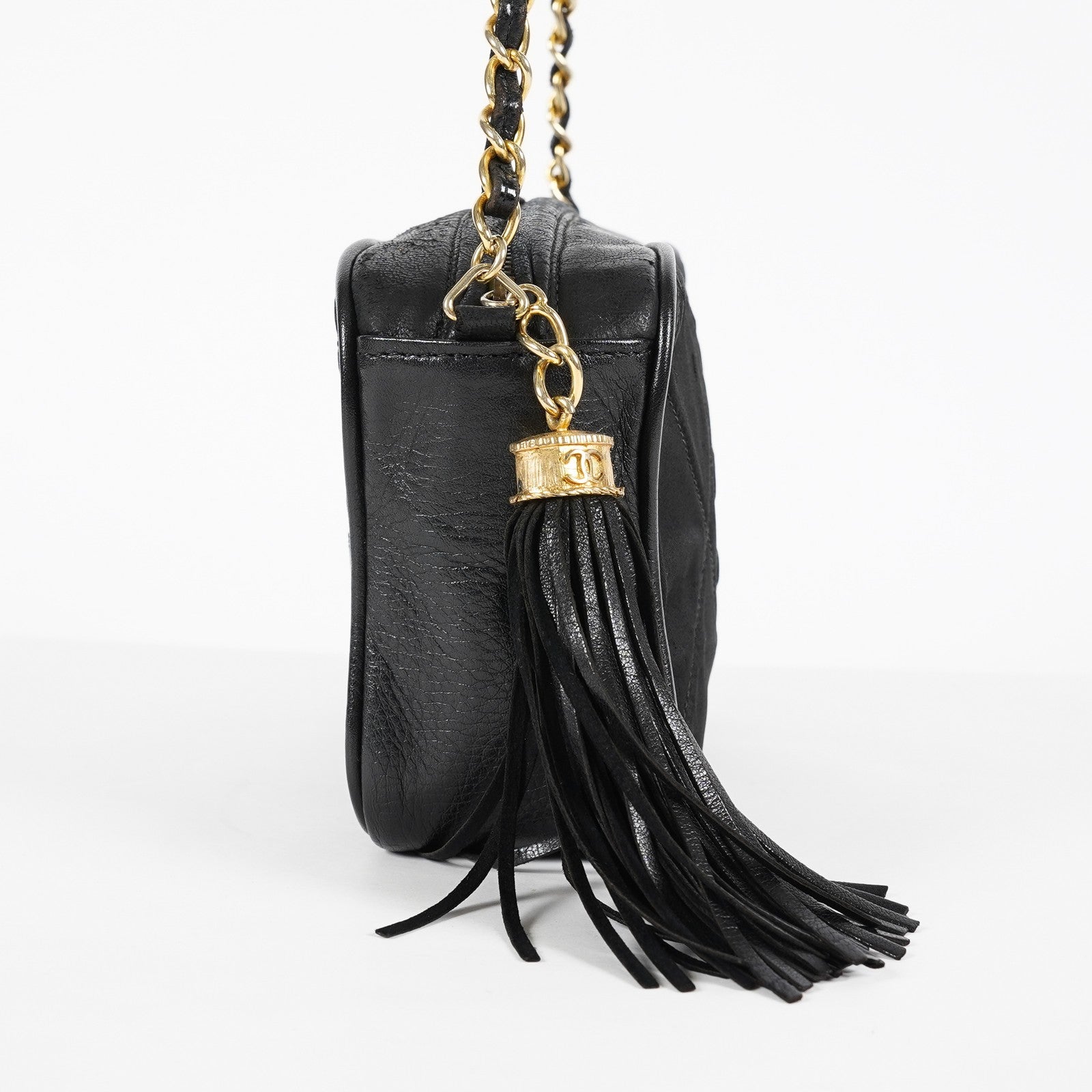 Chanel Satin Leather CC Fringe Chain Shoulder Bag Black Used 07E058800027