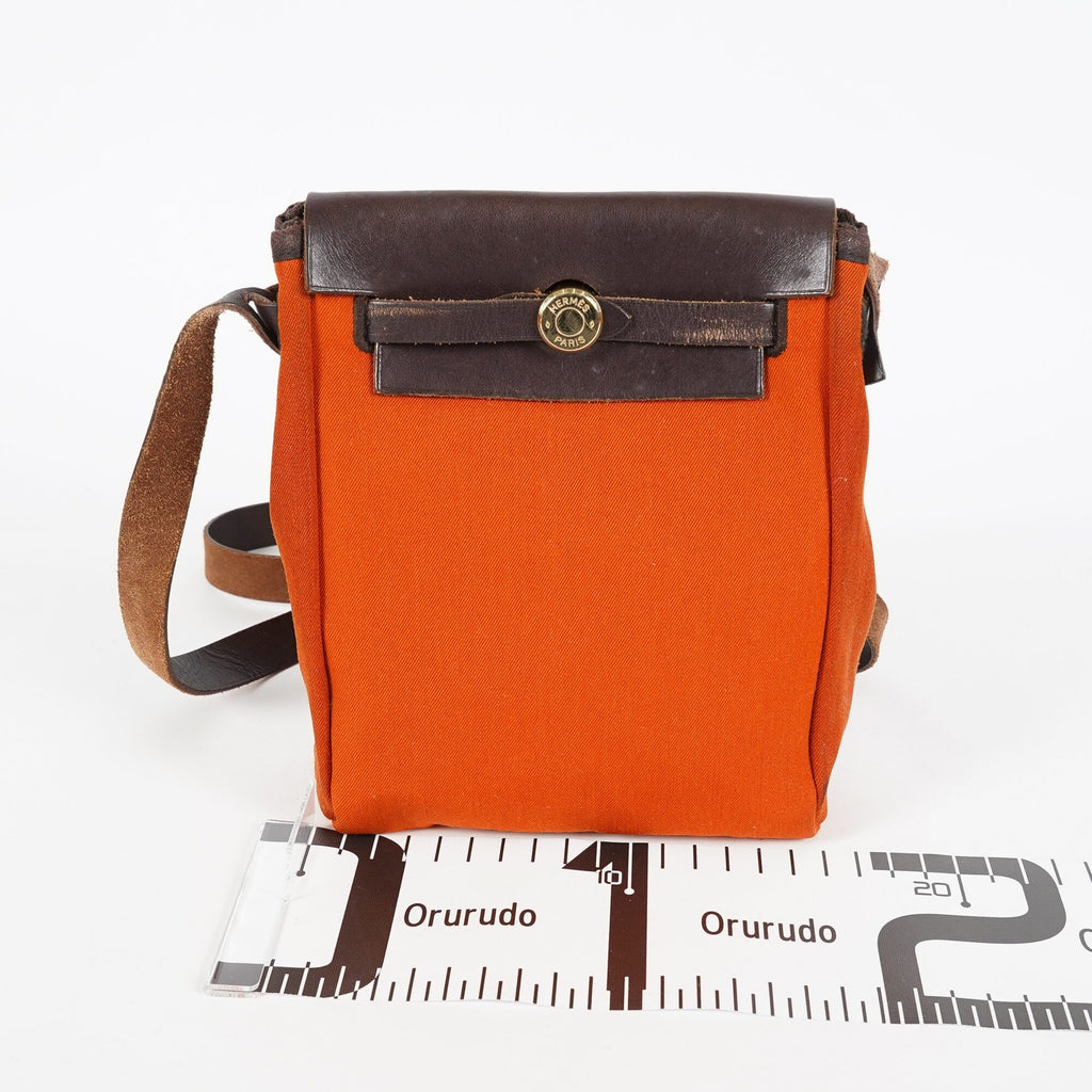 Hermes Herbag TPM Toile Canvas Leather Orange 2way Handbag Bag 07E275500012