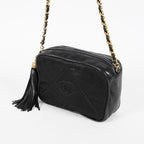 Chanel Satin Leather CC Fringe Chain Shoulder Bag Black Used 07E058800027